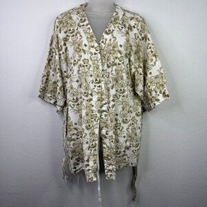 Yala Kimono Robe Womens S/M White Green Paisley Floral Boho‎ Earthy Artsy